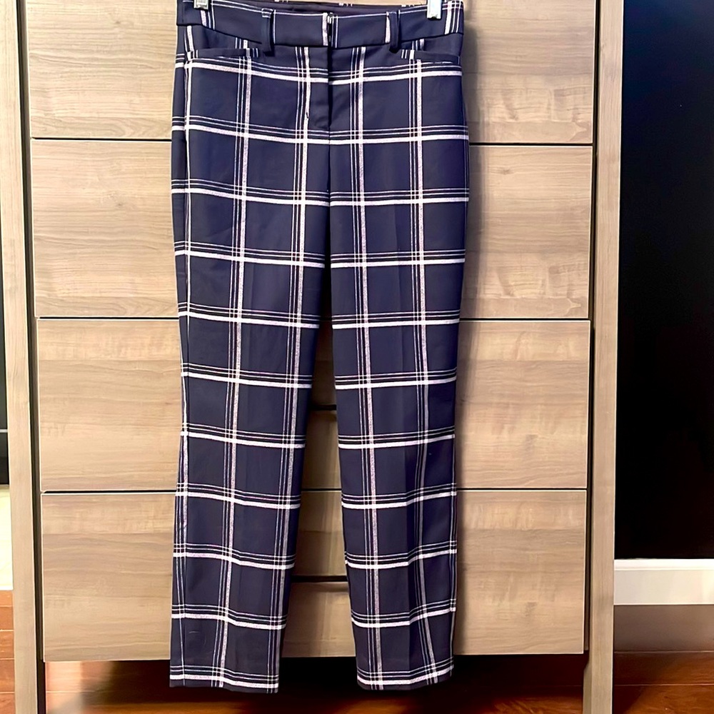 Express Columnist Ankle Mid-Rise Pant in navy and light pink plaid
